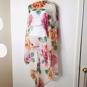 Sheer Floral Rose Scarf Wrap in White with Pink & Yellow Roses